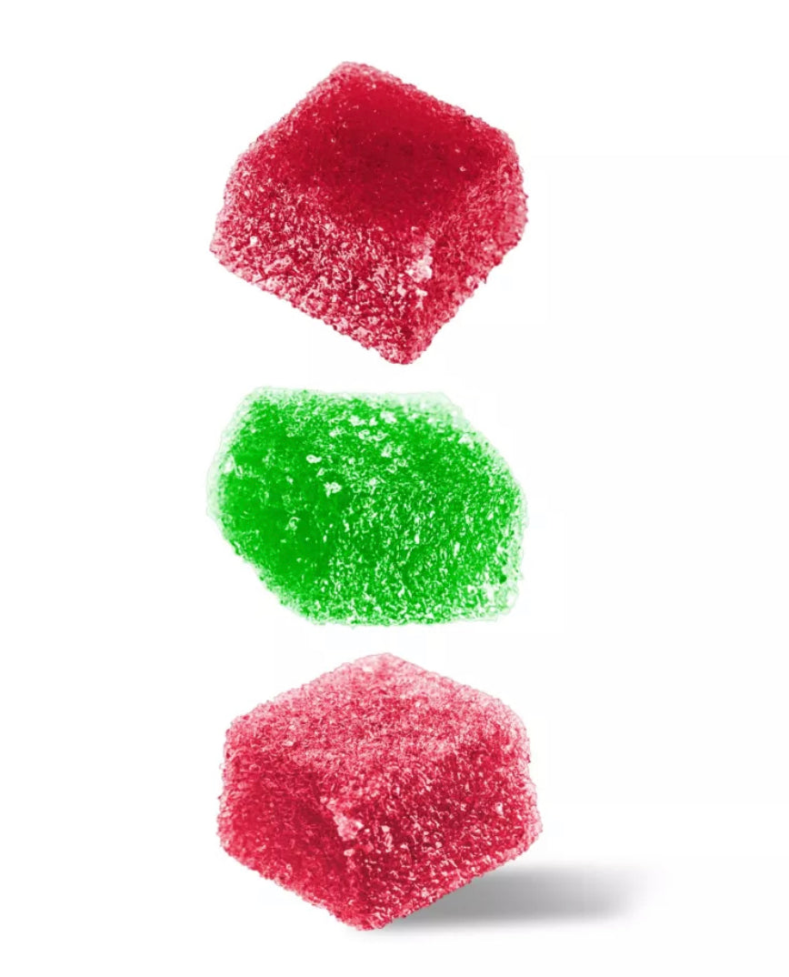  gummy squares in green Apple watermelon and strawberry varieties 